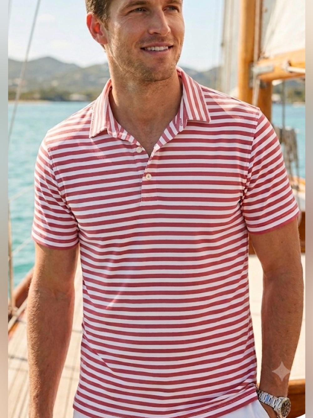 J. McLaughlin Men’s‎ Red & White Striped Nautical Performance Polo Sport Shirt S